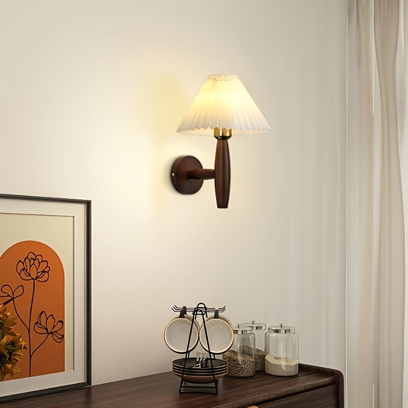 Wooden Wall Sconce – Pleated Shade Bedside Lamp