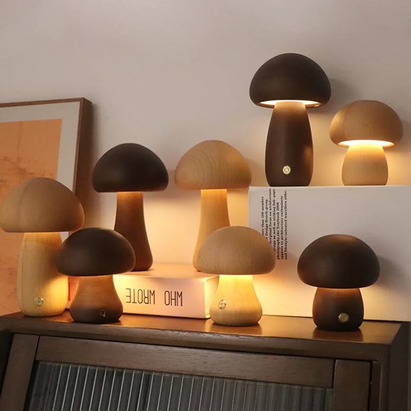 Mushroom Night Light – Natural Wood Rechargeable Lamp
