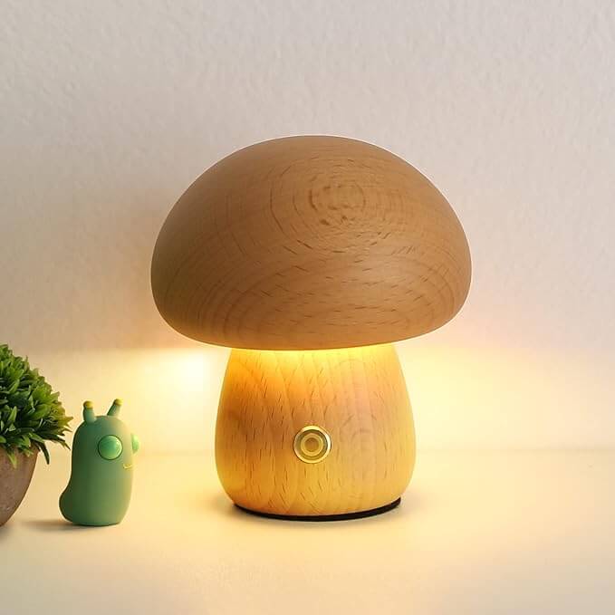 Mushroom Night Light – Natural Wood Rechargeable Lamp