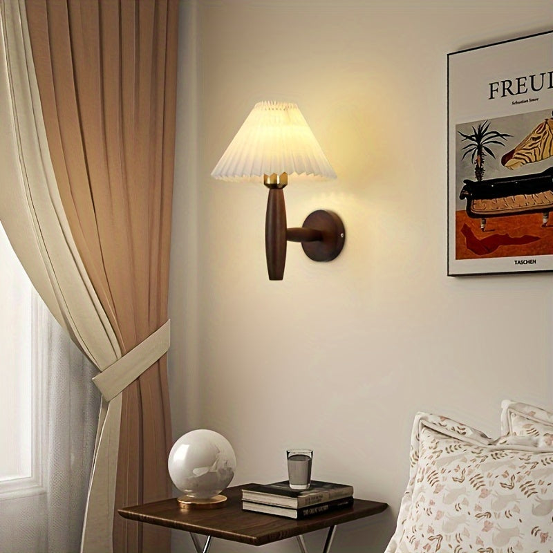 Wooden Wall Sconce – Pleated Shade Bedside Lamp