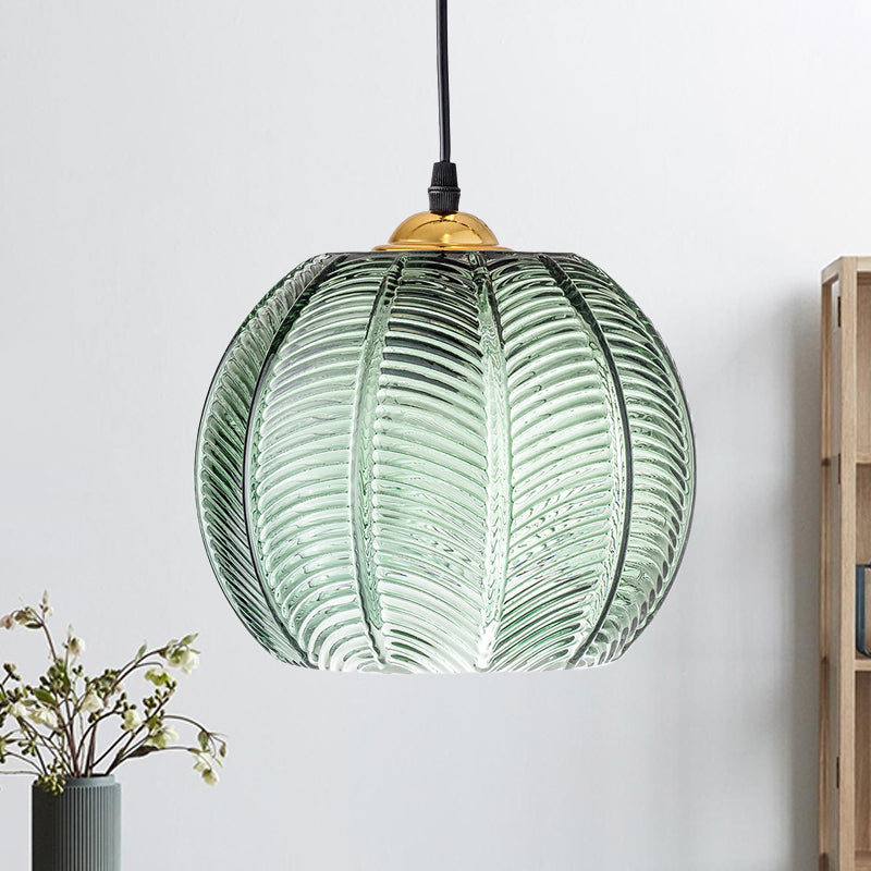 Ribbed Glass Pendant Lamp – Retro Green Hanging Light
