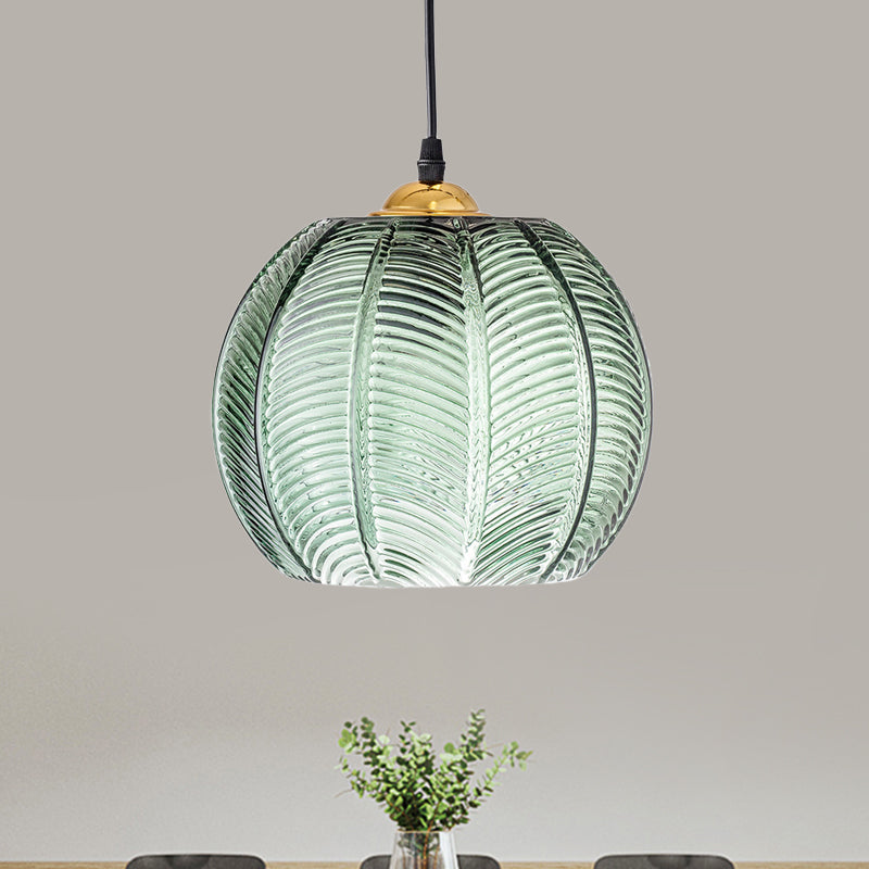 Ribbed Glass Pendant Lamp – Retro Green Hanging Light