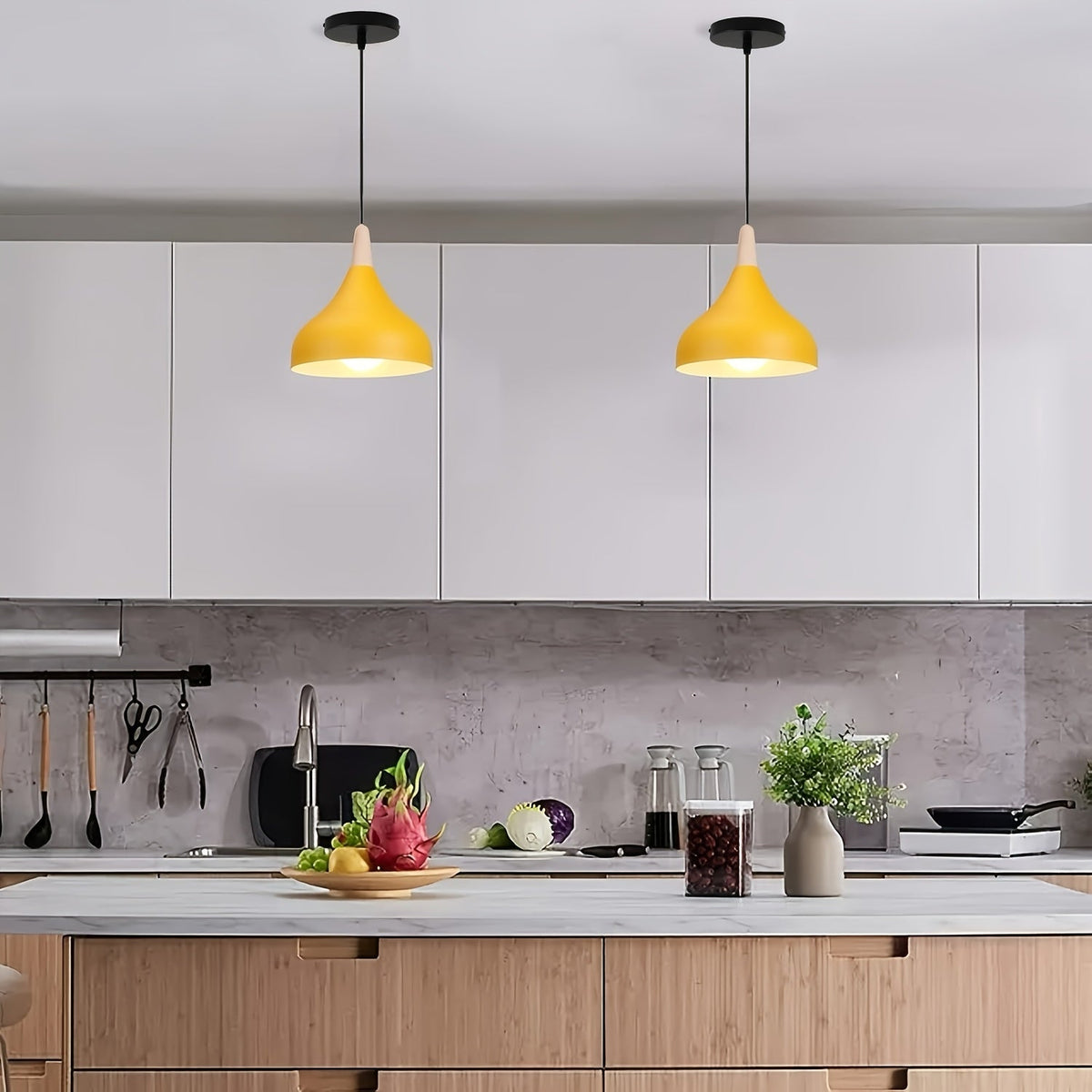 Teardrop Pendant Light – Metal & Wood Hanging Lamp