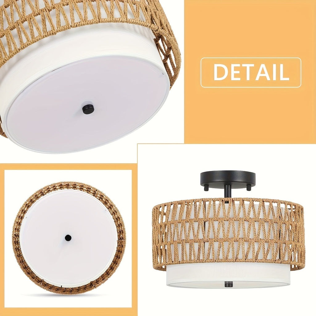 Rattan Ceiling Light – Semi-Flush Mount with Linen Shade