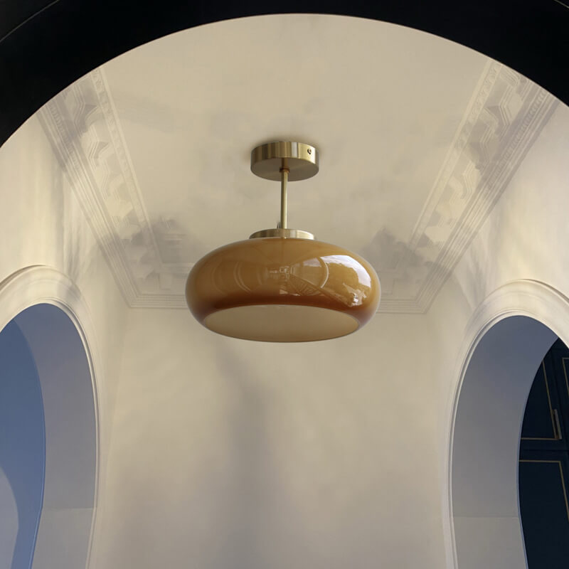 Brass Ceiling Light – Vintage Amber Glass Semi-Flush Mount