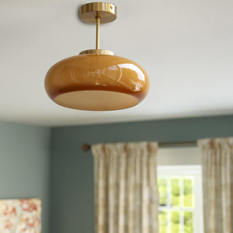 Brass Ceiling Light – Vintage Amber Glass Semi-Flush Mount