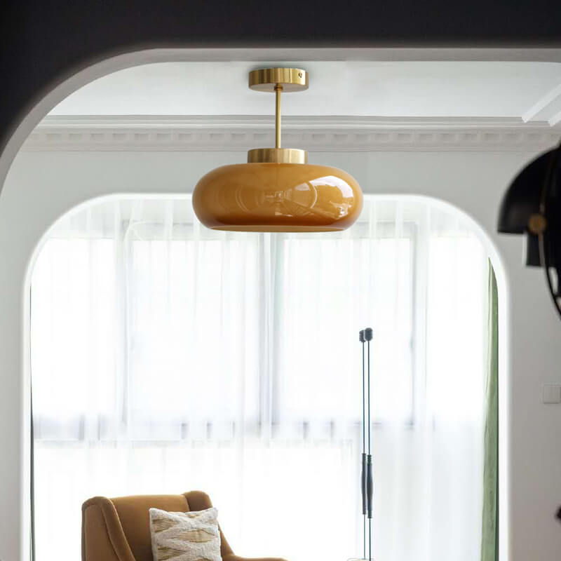 Brass Ceiling Light – Vintage Amber Glass Semi-Flush Mount