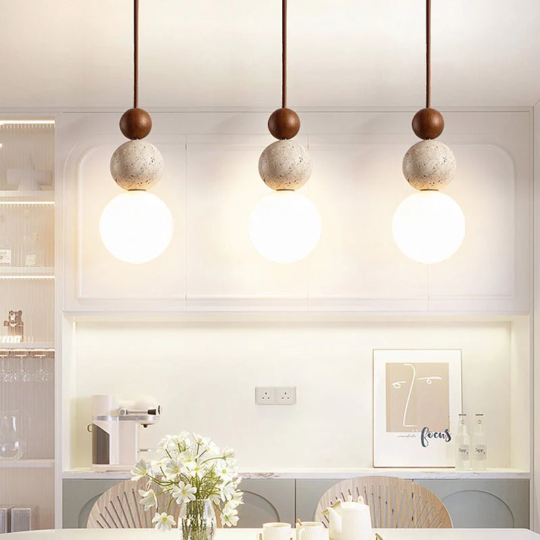Travertine Pendant Light – Wood & Glass Hanging Lamp