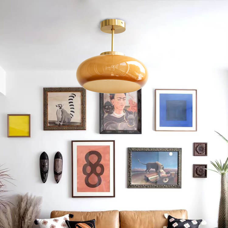 Brass Ceiling Light – Vintage Amber Glass Semi-Flush Mount