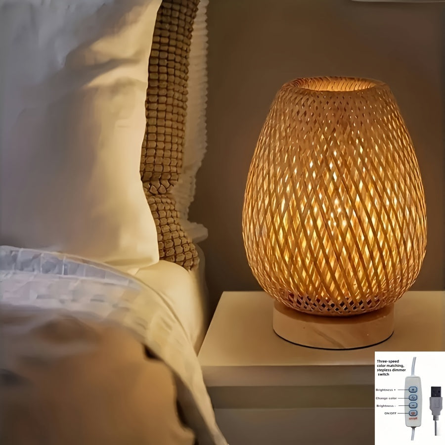 Bamboo Bedside Lamp – Handwoven Dimmable USB Table Light