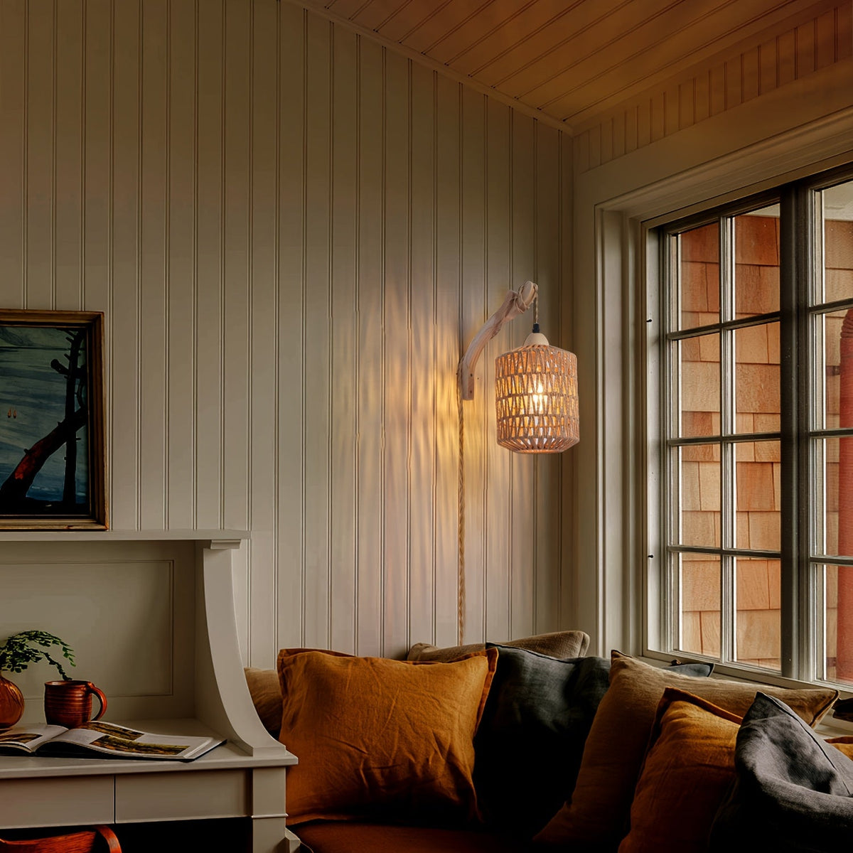 Wood & Rattan Wall Lamp – Hand-Woven Plug-In Sconce