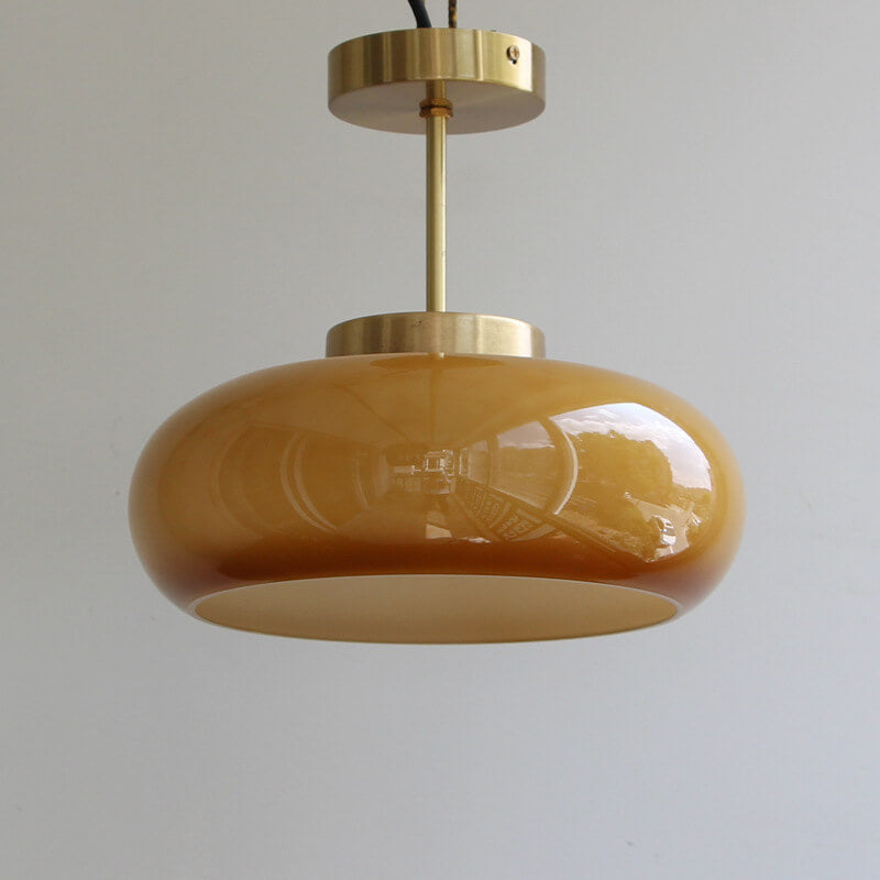 Brass Ceiling Light – Vintage Amber Glass Semi-Flush Mount