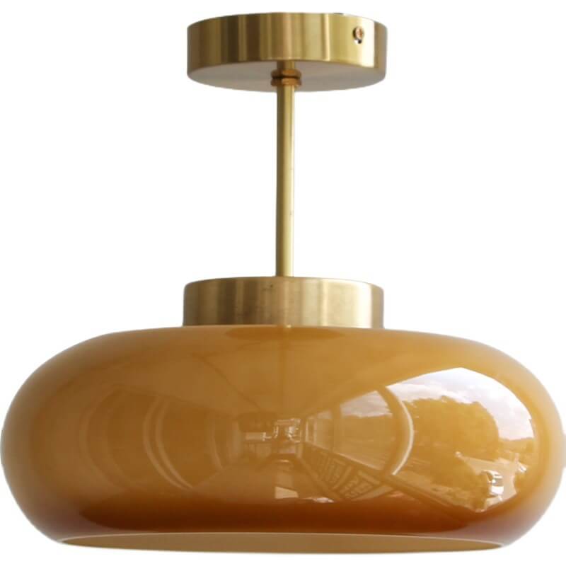 Brass Ceiling Light – Vintage Amber Glass Semi-Flush Mount