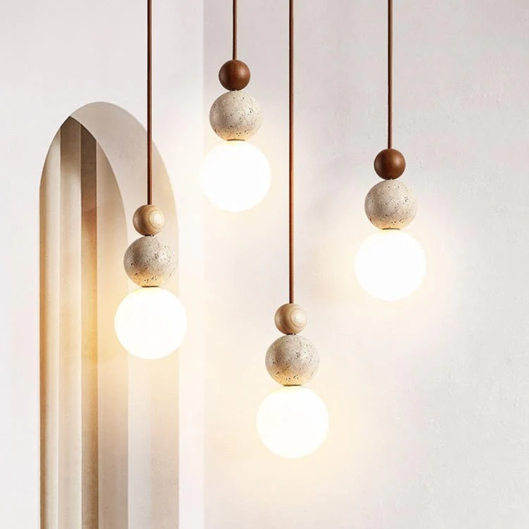 Travertine Pendant Light – Wood & Glass Hanging Lamp