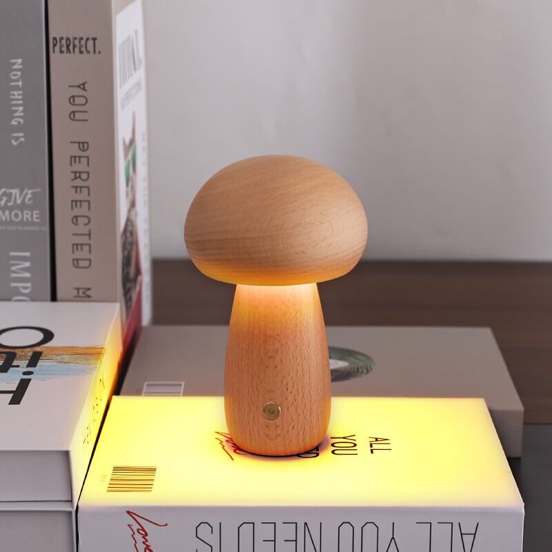 Mushroom Night Light – Natural Wood Rechargeable Lamp