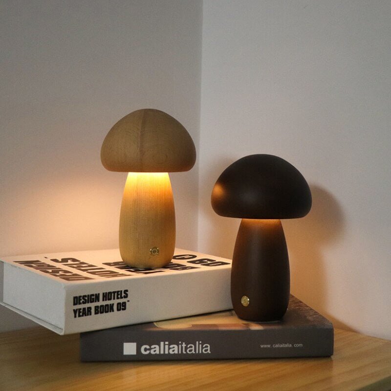 Mushroom Night Light – Natural Wood Rechargeable Lamp