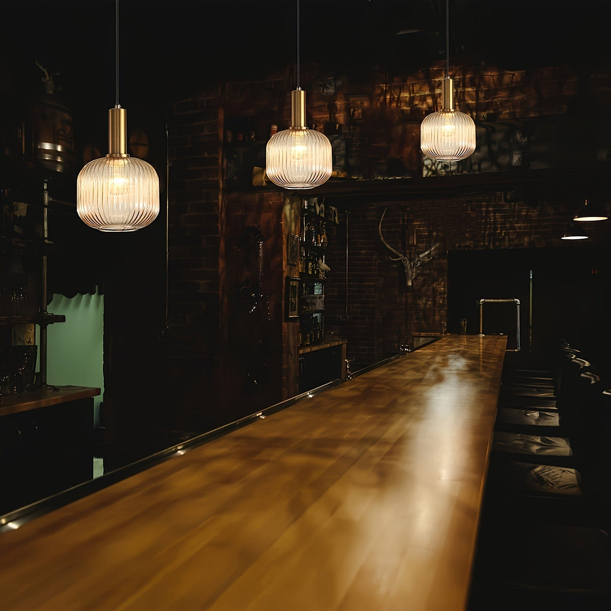 Striped Glass Pendant Light – Brass & Ribbed Shade