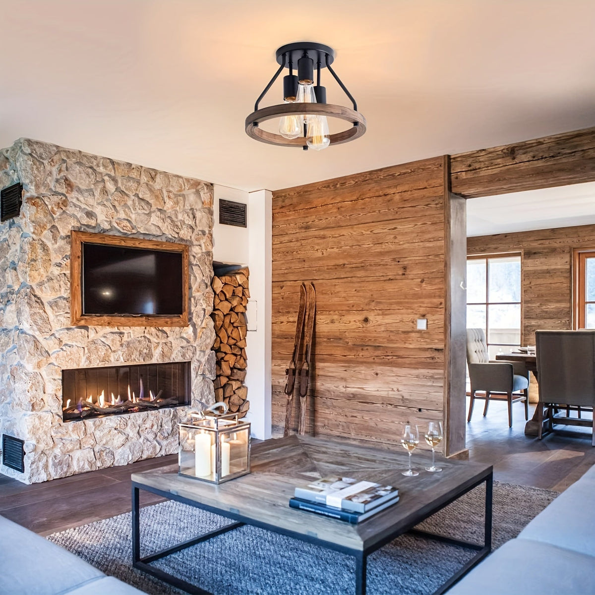 Wood Ring Ceiling Light – 3-Light Industrial Semi-Flush Mount