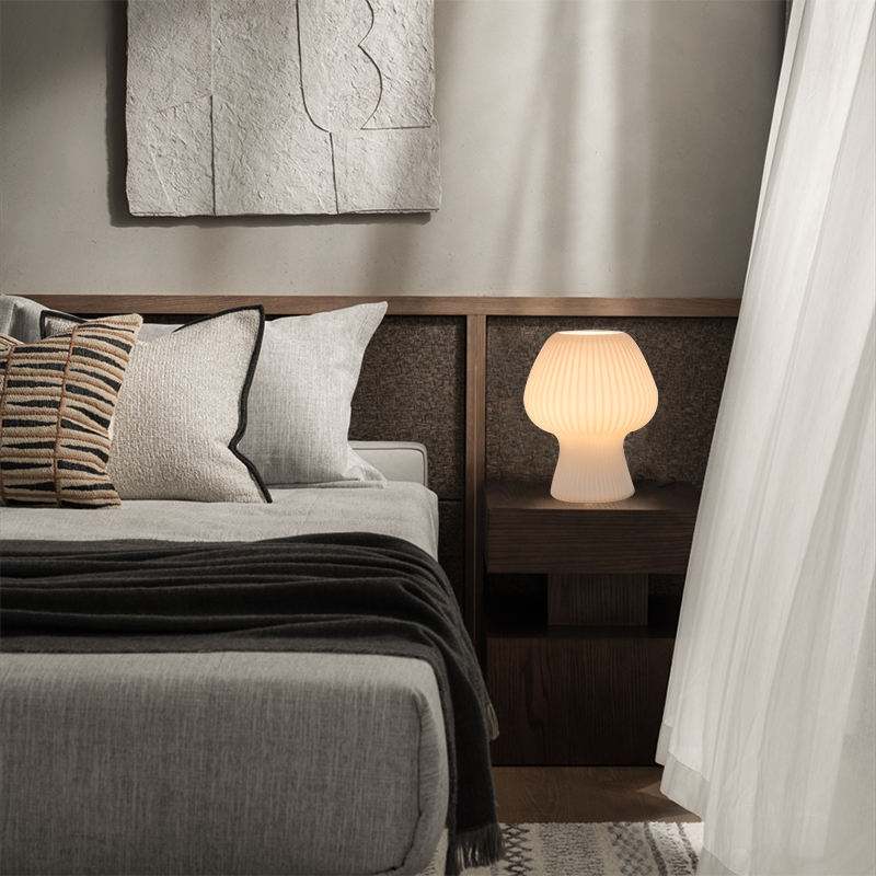 Ribbed Glass Table Lamp – Vintage Mushroom Bedside Light
