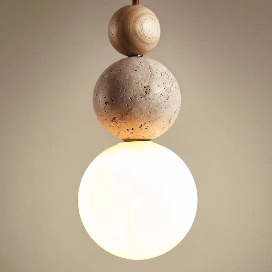 Travertine Pendant Light – Wood & Glass Hanging Lamp