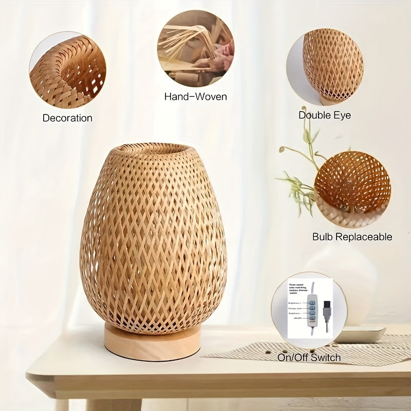 Bamboo Bedside Lamp – Handwoven Dimmable USB Table Light