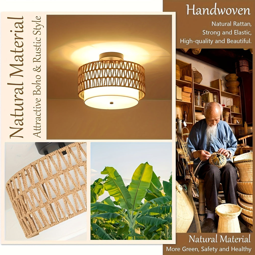 Rattan Ceiling Light – Semi-Flush Mount with Linen Shade