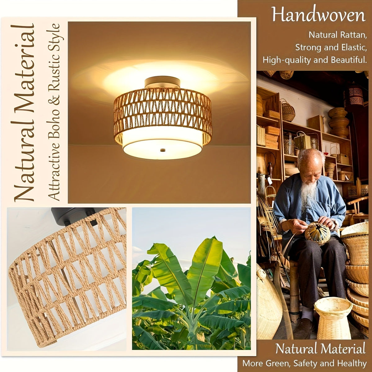 Rattan Ceiling Light – Semi-Flush Mount with Linen Shade