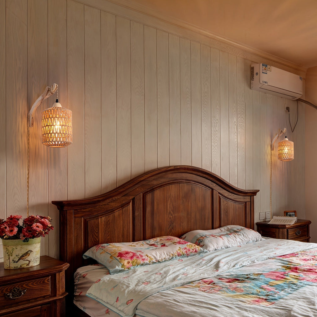 Wood & Rattan Wall Lamp – Hand-Woven Plug-In Sconce