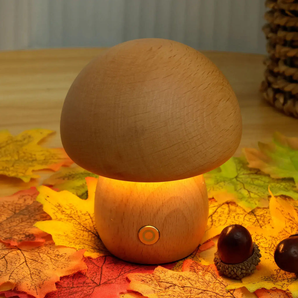 Mushroom Night Light – Natural Wood Rechargeable Lamp