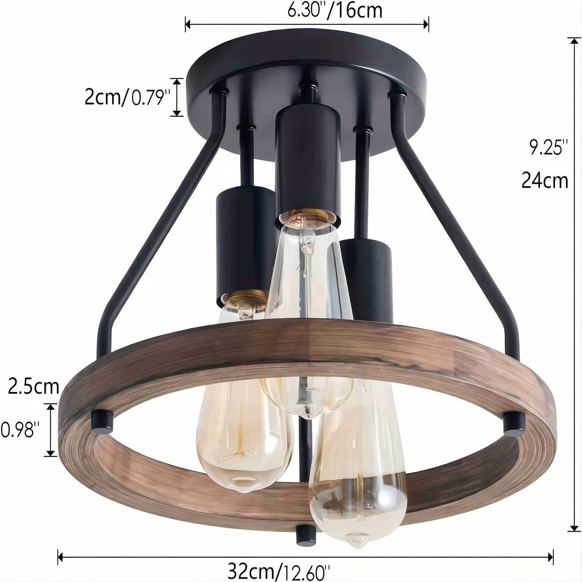 Wood Ring Ceiling Light – 3-Light Industrial Semi-Flush Mount