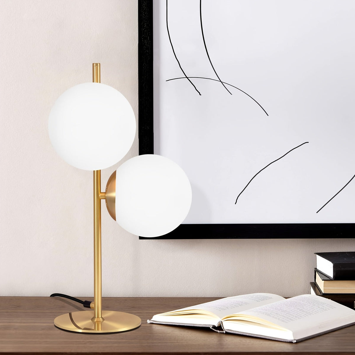 Gold Table Lamp – White Glass Globe Bedside Light