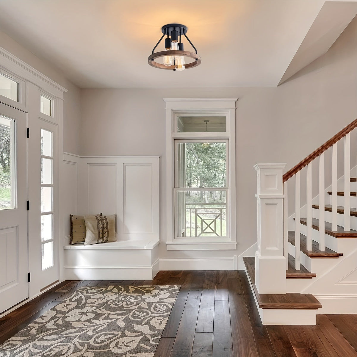 Wood Ring Ceiling Light – 3-Light Industrial Semi-Flush Mount