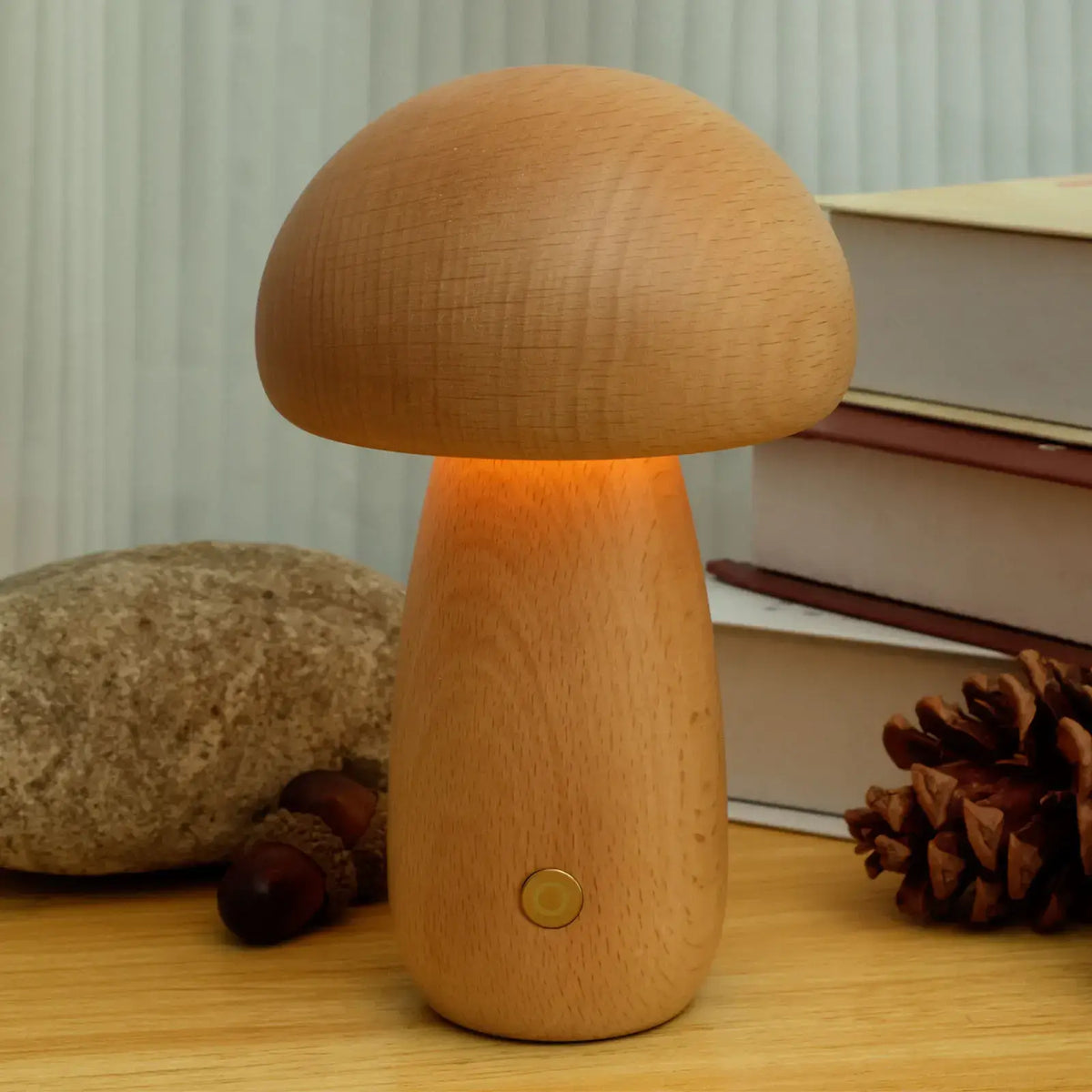 Mushroom Night Light – Natural Wood Rechargeable Lamp