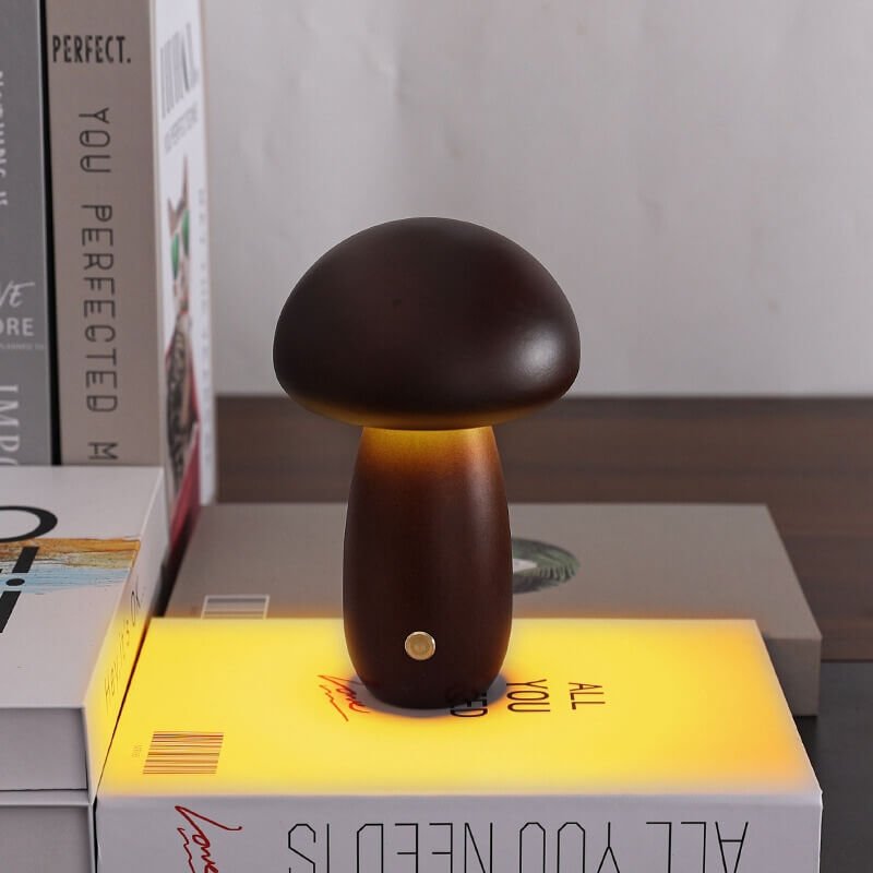 Mushroom Night Light – Natural Wood Rechargeable Lamp