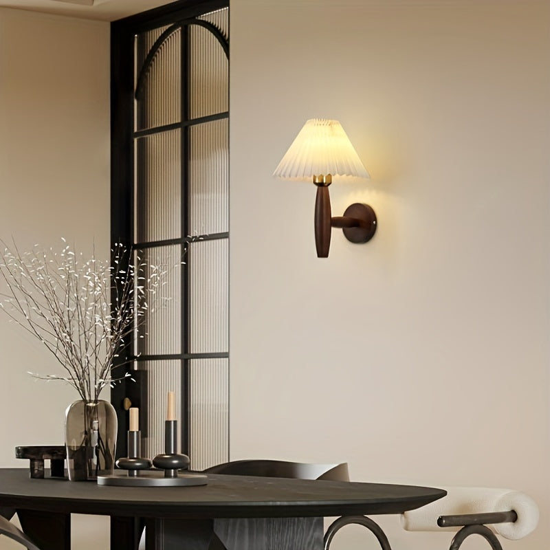 Wooden Wall Sconce – Pleated Shade Bedside Lamp