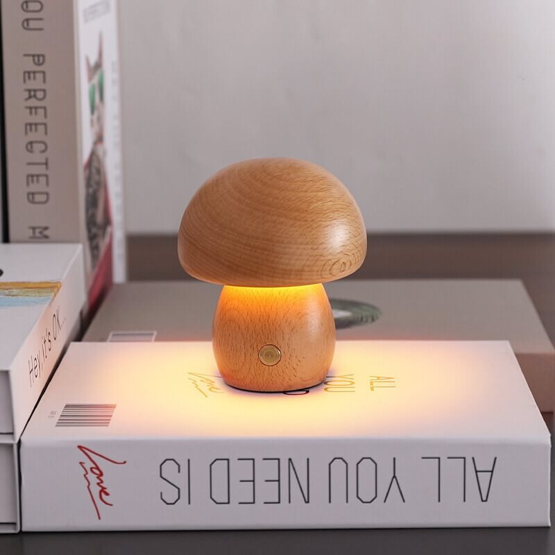 Mushroom Night Light – Natural Wood Rechargeable Lamp