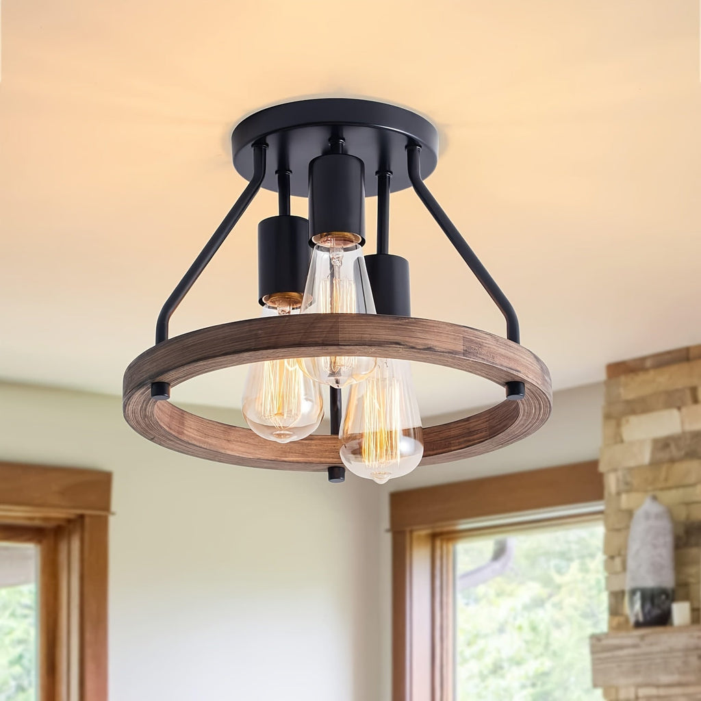 Wood Ring Ceiling Light – 3-Light Industrial Semi-Flush Mount