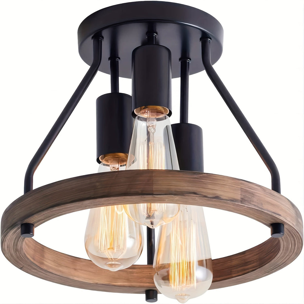 Wood Ring Ceiling Light – 3-Light Industrial Semi-Flush Mount