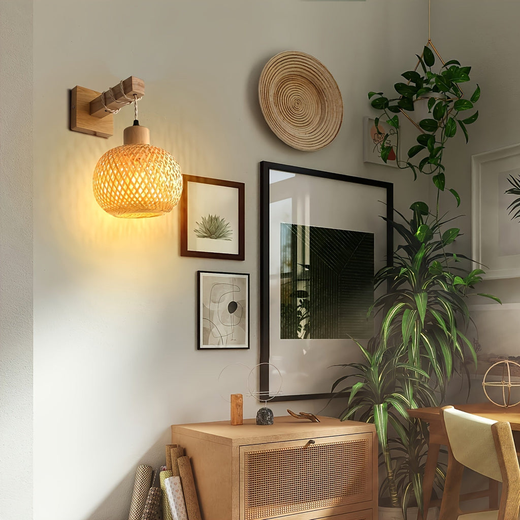 Rattan Wall Sconce – Handwoven Wood Light Fixture