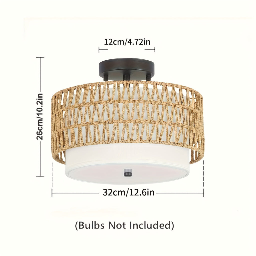 Rattan Ceiling Light – Semi-Flush Mount with Linen Shade