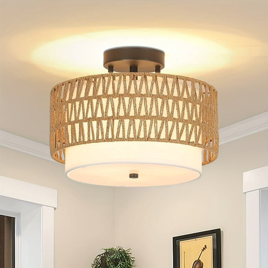 Rattan Ceiling Light – Semi-Flush Mount with Linen Shade