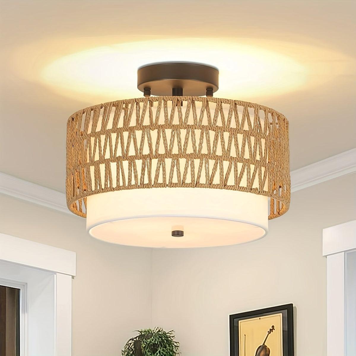 Rattan Ceiling Light – Semi-Flush Mount with Linen Shade