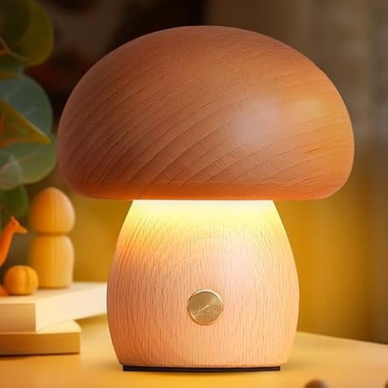 Mushroom Night Light – Natural Wood Rechargeable Lamp