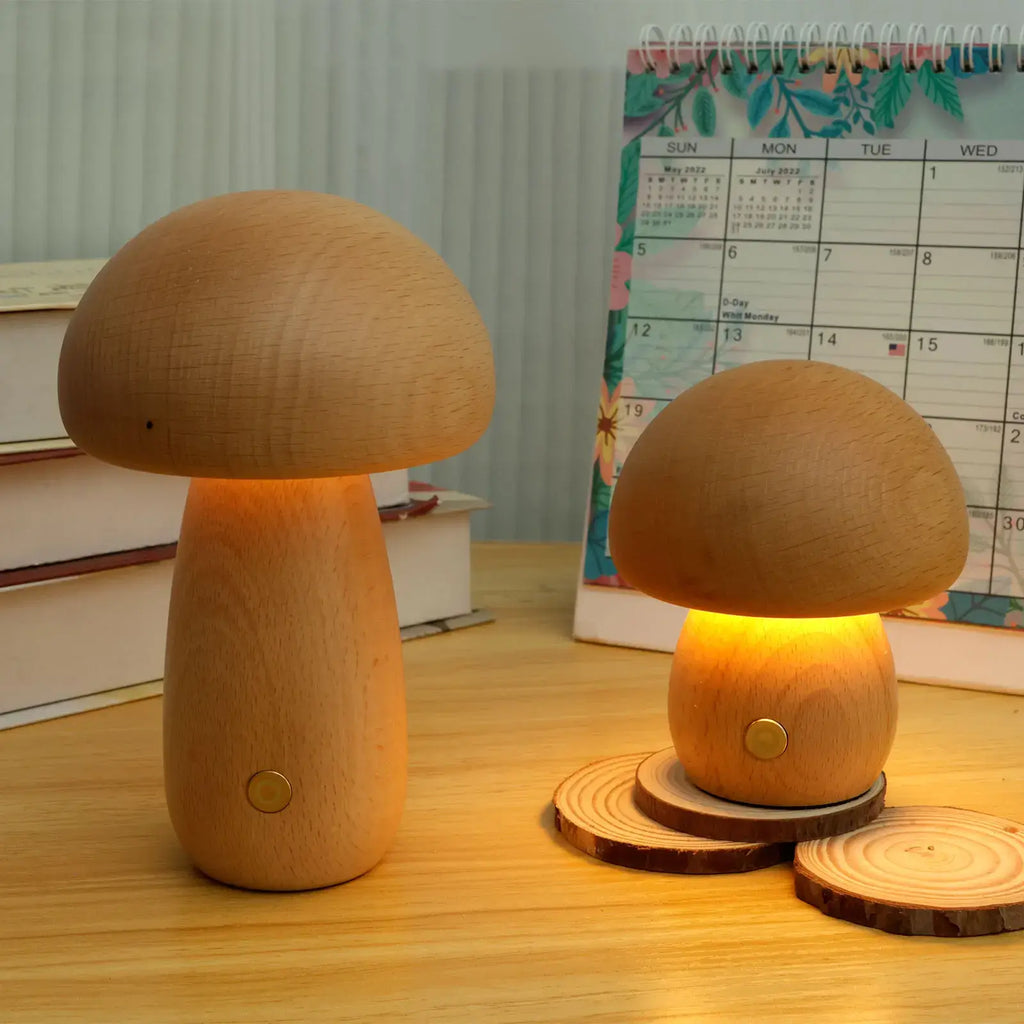 Mushroom Night Light – Natural Wood Rechargeable Lamp