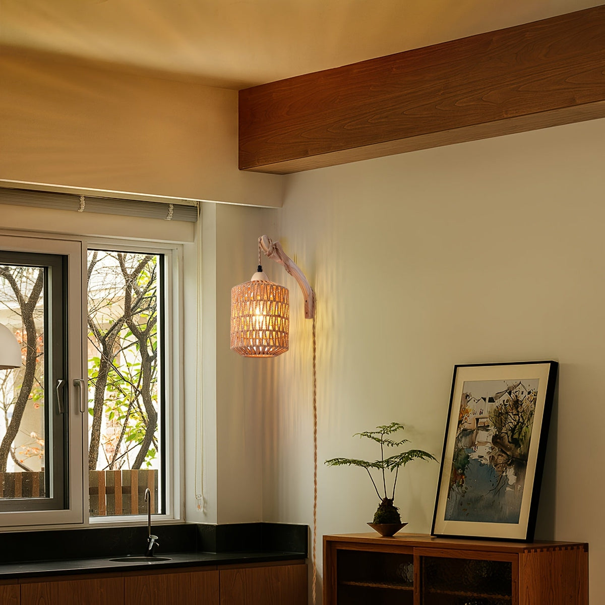 Wood & Rattan Wall Lamp – Hand-Woven Plug-In Sconce