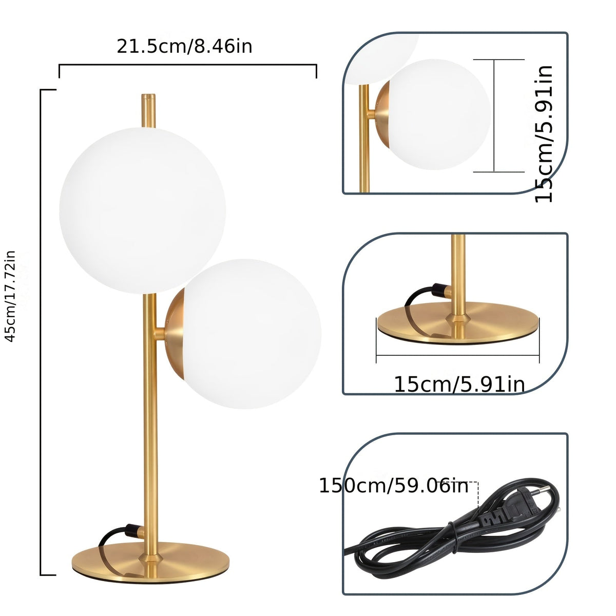 Gold Table Lamp – White Glass Globe Bedside Light