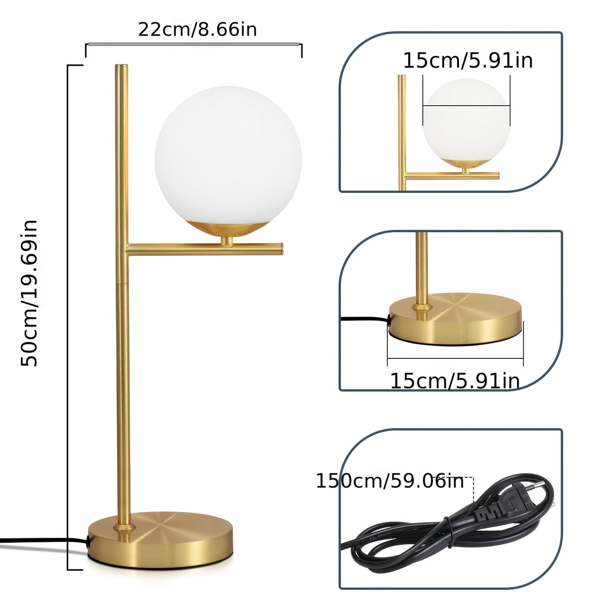 Gold Table Lamp – White Glass Globe Bedside Light