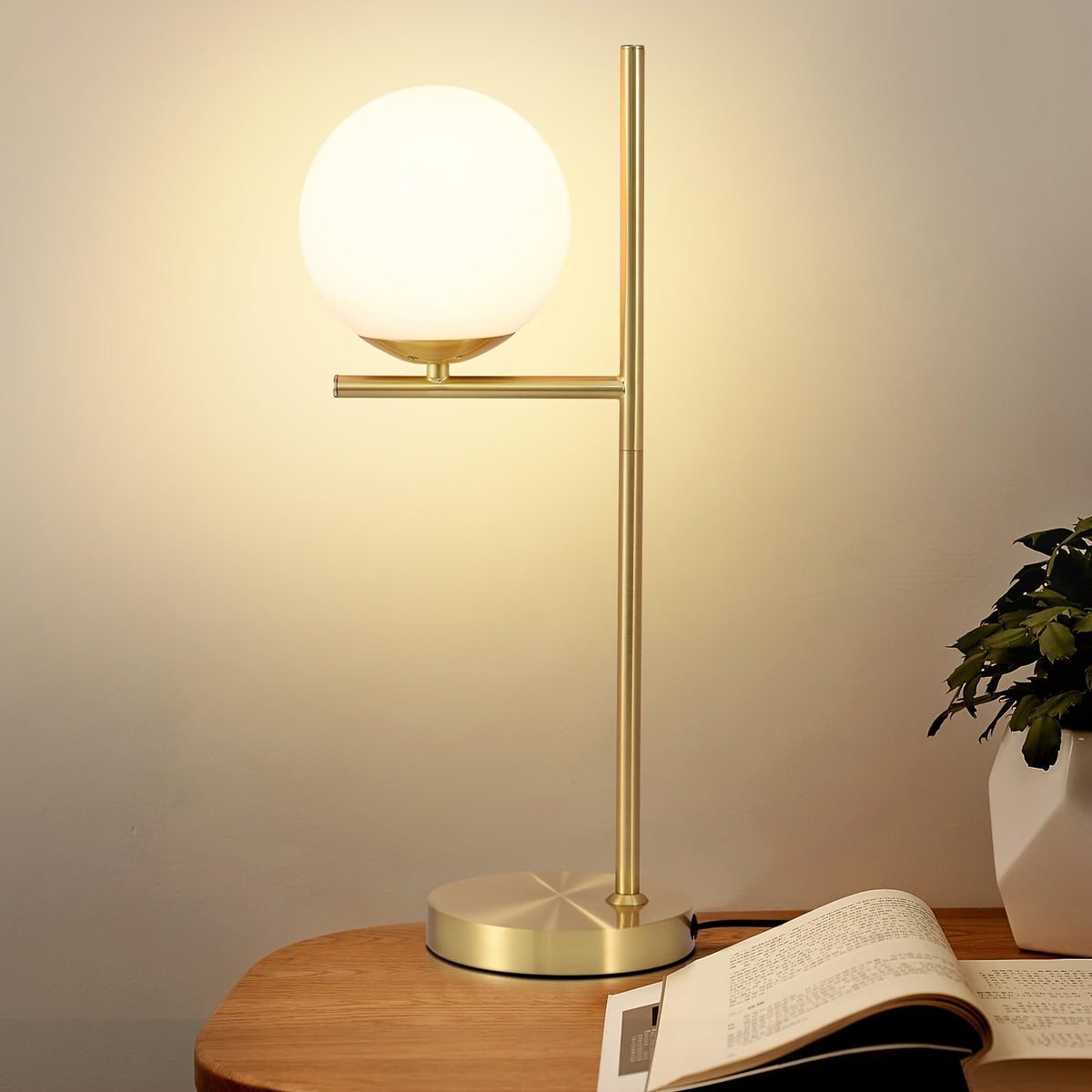 Gold Table Lamp – White Glass Globe Bedside Light