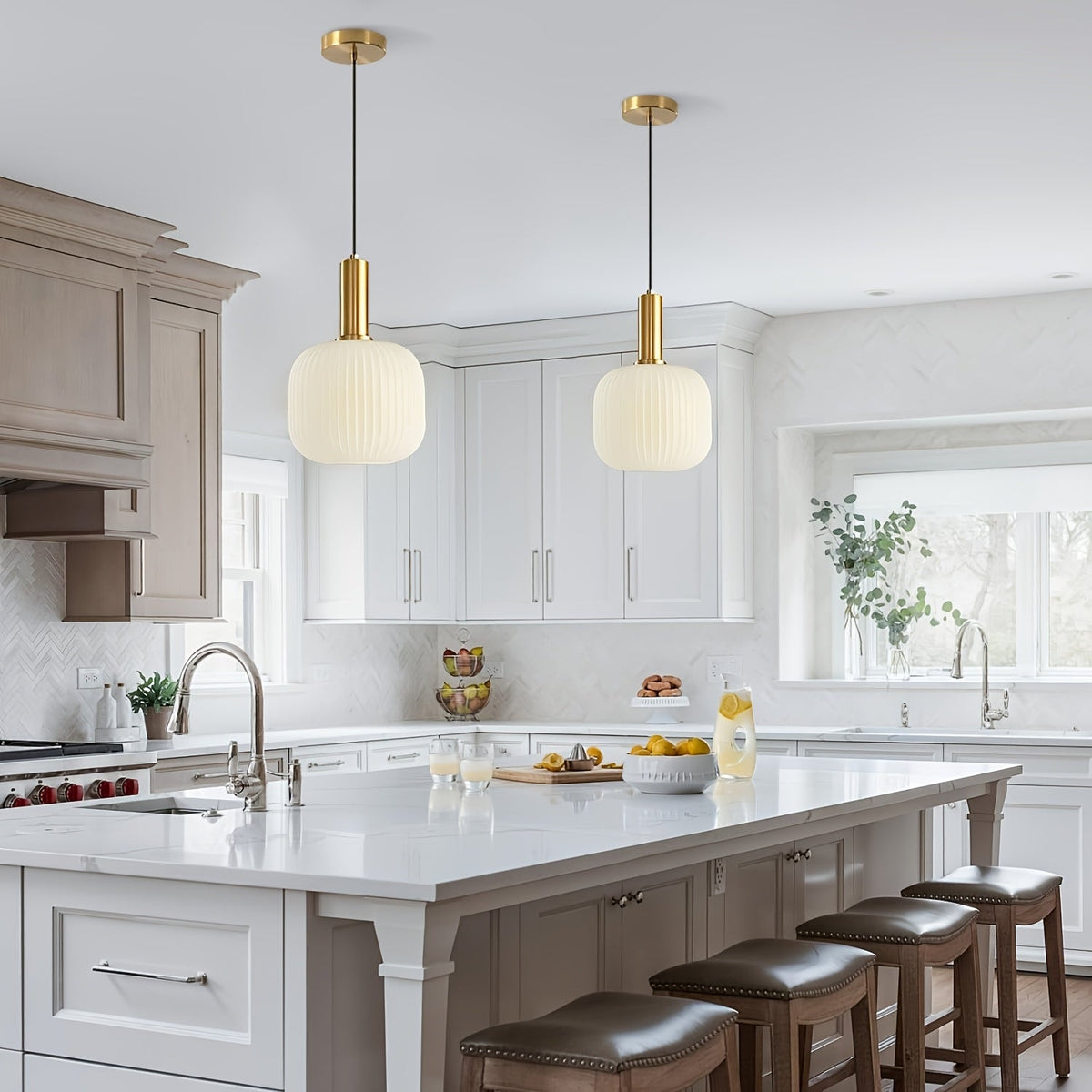 Striped Glass Pendant Light – Brass & Ribbed Shade