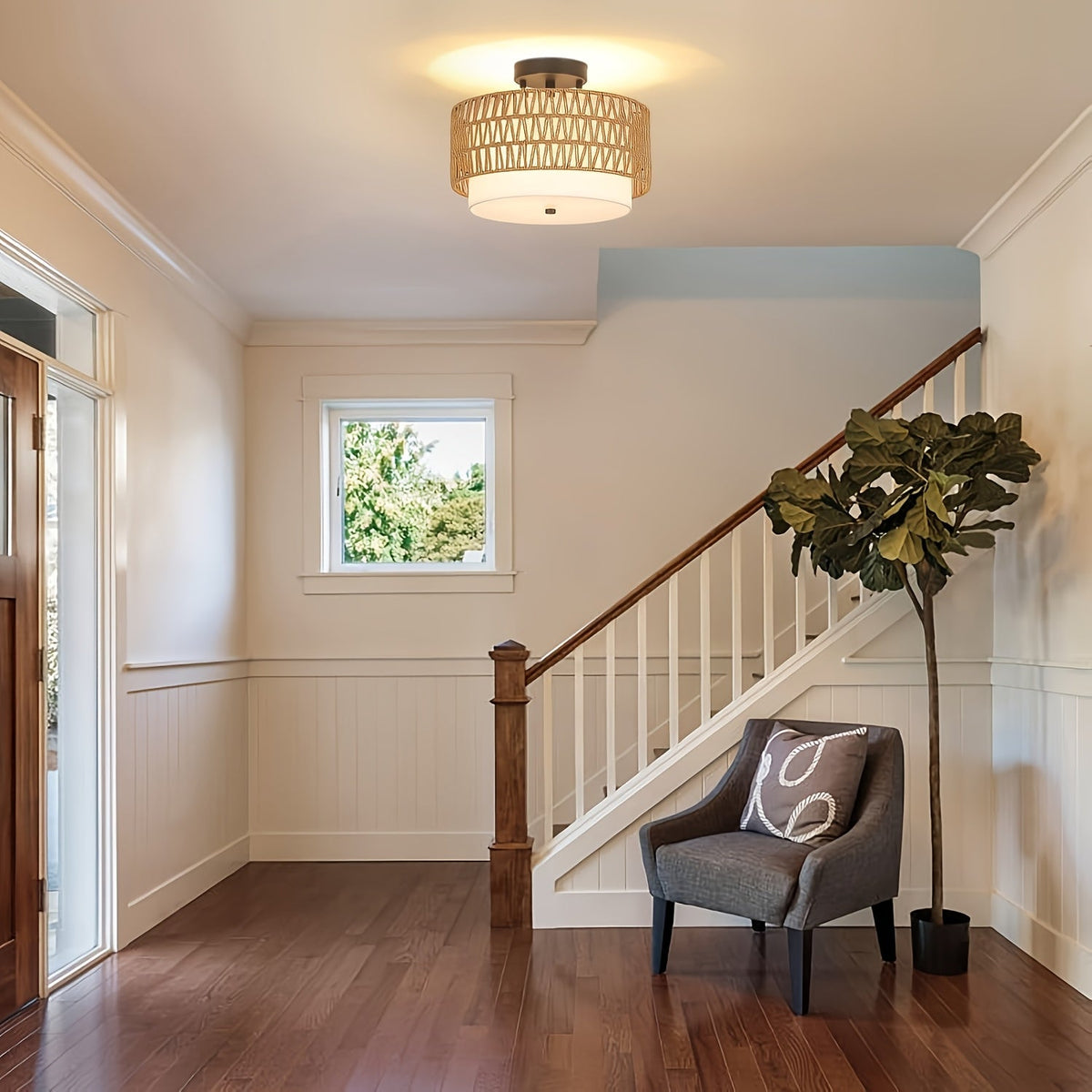 Rattan Ceiling Light – Semi-Flush Mount with Linen Shade